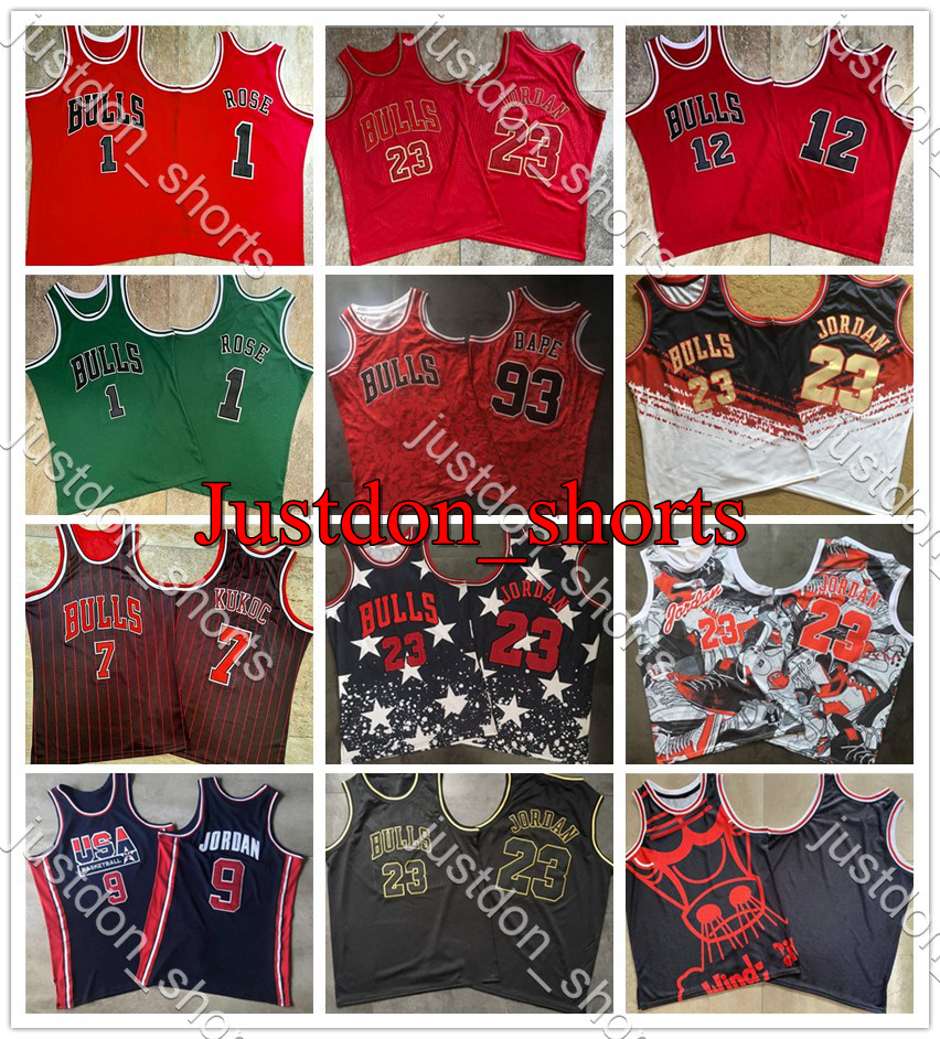 

Men Retro Rose 1 Kukoc 7 BAPE 12 Commemorative 23 Independence Dream Team 7 Secret Embroidery Mitchell & Ness Basketball Jerseys Shirts, Black;red