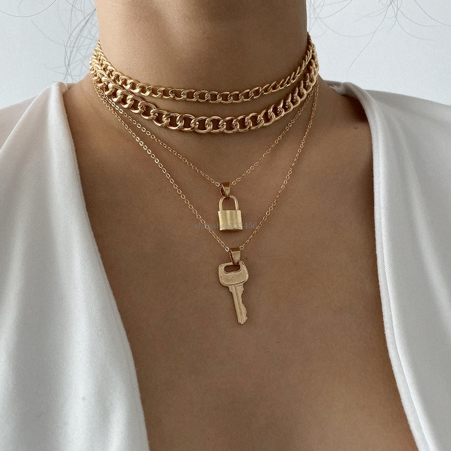

Multilayer Key Lock Pendant Chokers Necklace Neck Collar Gold chains Wrap Necklaces for women fashion jewelry will and sandy, Golden;silver