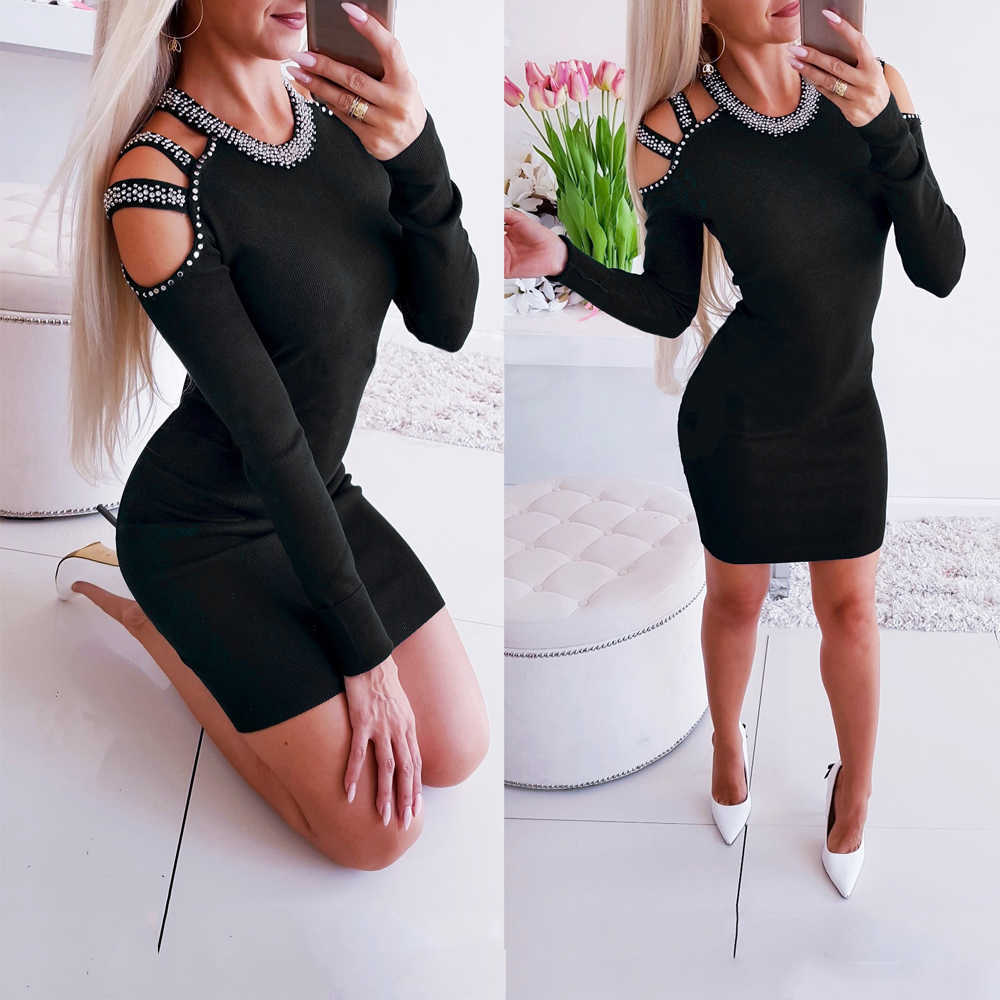 

Winter Dresses Sexy Nail bead Hollow Out Long Sleeve Off Shoulder Party Bodycon Mini Women Slim Vestidos Elegantes 210526, 3444-gray