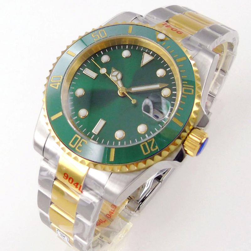 

Wristwatches 40mm Green Two Tone Gold NH35A Automatic Wristwatch Men Glass Back Slide Glide Lock Oyster Band Sapphire, Mingzhu 2813