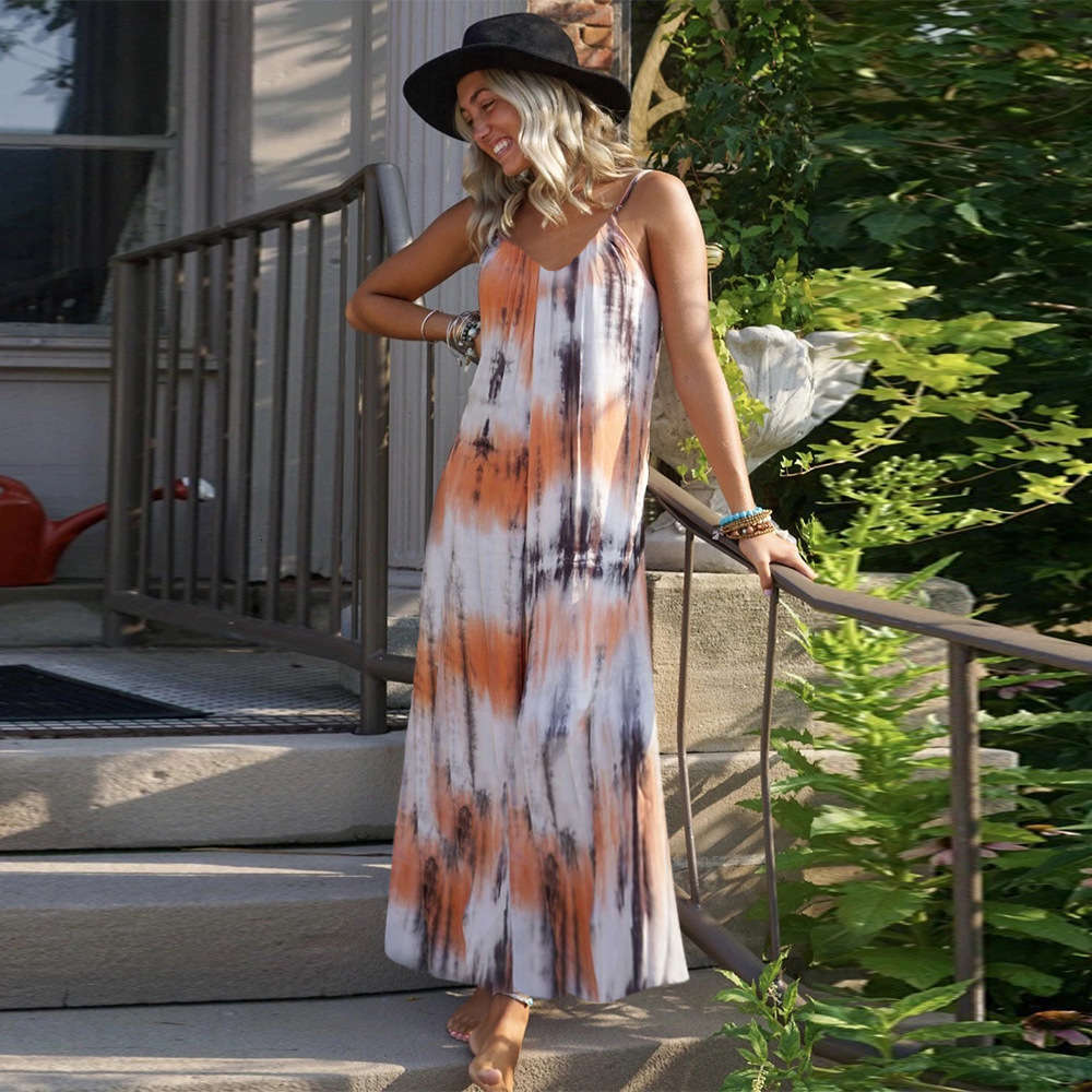 

Summer women's dress with tie dye and loose sling, Black;gray