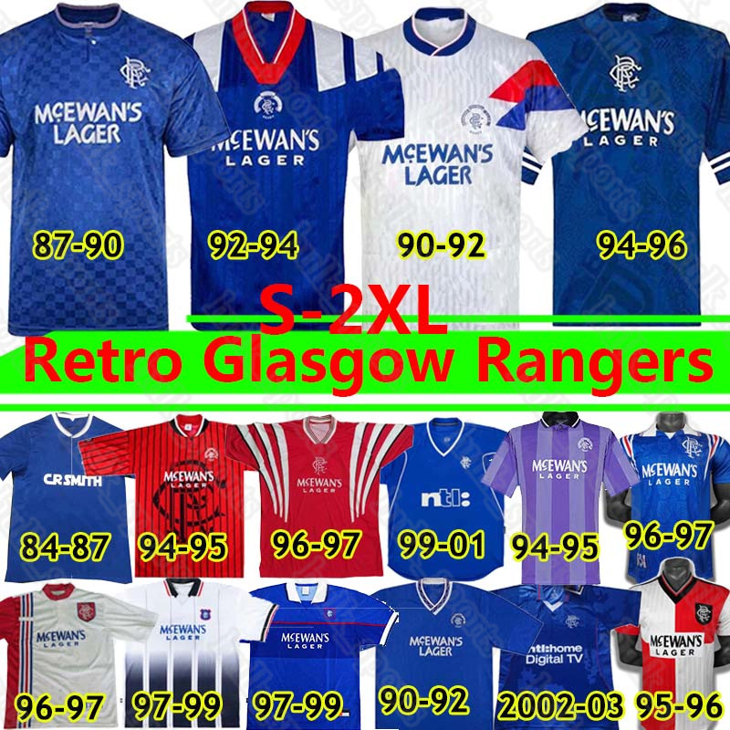 

Glasgow Rangers Retro Soccer Jerseys 1984 87 90 92 93 94 95 96 97 99 2001 02 03 Home Blue Away Third vintage Classic football shirt Uniforms, White
