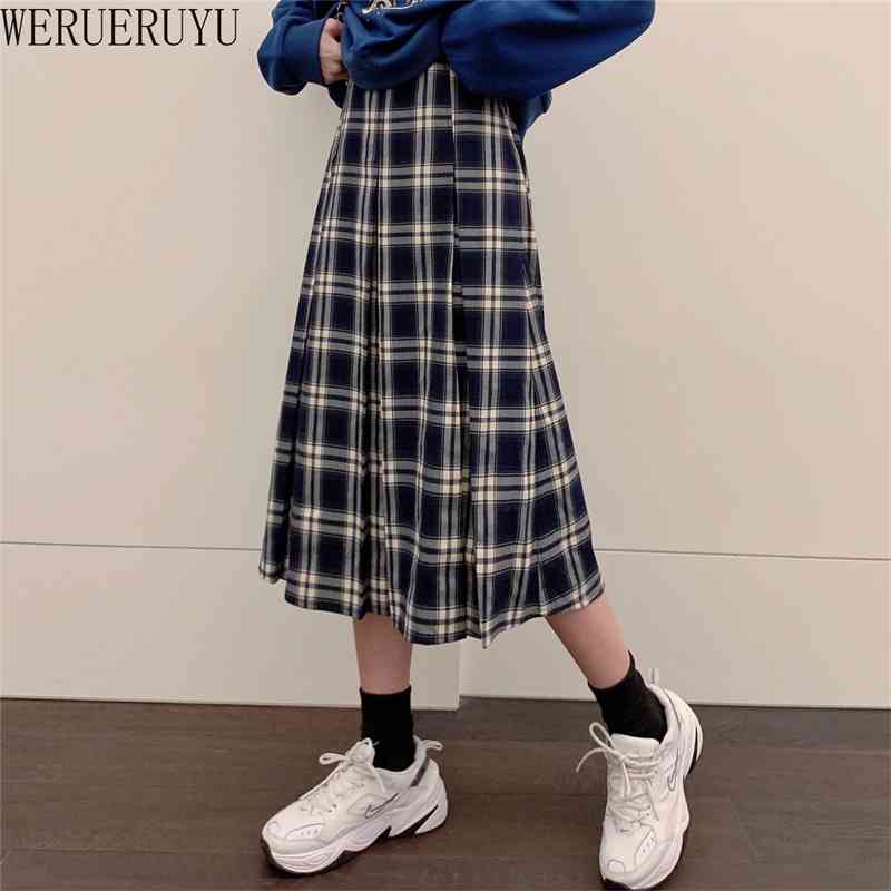

WERUERUYU Vintage Plaid Pleated Long Skirts High Waist Winter Women Korean Woolen Skirt Streetwear Elastic Waist Midi Skirt 210608, Photo color