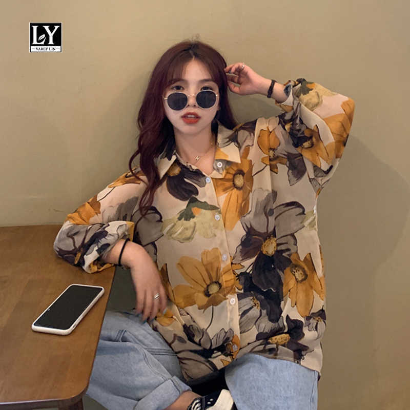 

LY VAREY LIN Spring Autumn Women Vintage Chiffon Shirts Korean Style Floral Printing Turn Down Collar Ladies Blouses 210526, Mixed color