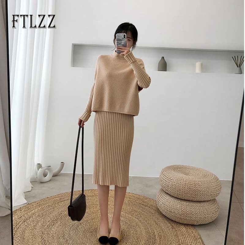 

Women Fashion Casual Knitted Skirt Suit Springautumn Woman Turtleneck Pullover Vest+medium Long Knit Slim Outfit 210602