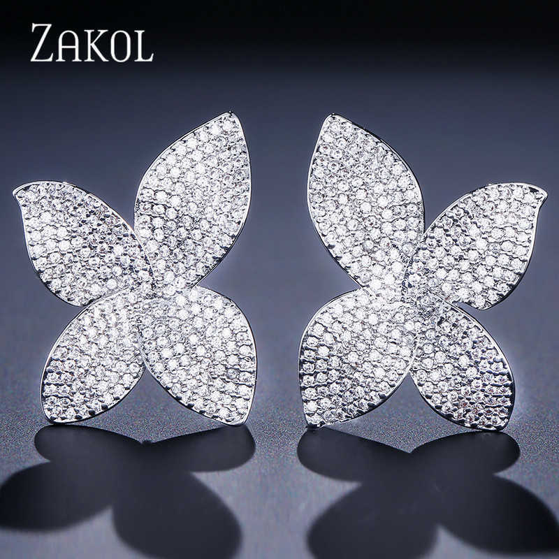 

ZAKOL Fashion Luxury Butterfly AAA Cubic Zirconia Micro Pave Setting Flower Big Stud Earrings for Women Party Gifts FSEP2078 210609