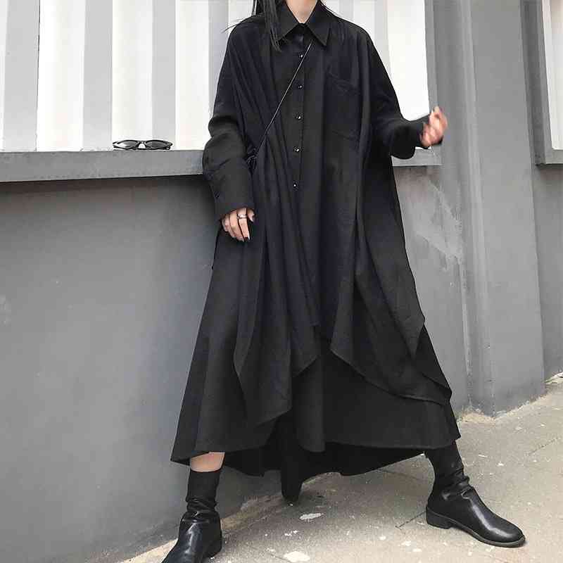 

Fashion Asymmetrical Tops Shirts Women's Black Long Blouse Spring Sleeve Loose Shirt Dress Female Blusas Plus Size 210603