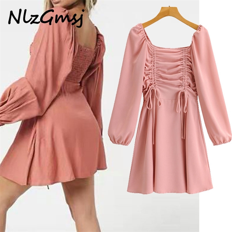 

Dres Elegant Squar Collar Solid Puff Sleeve Mini Chic Female Woman Slim Pleats A Line Vestido 210628, As picture
