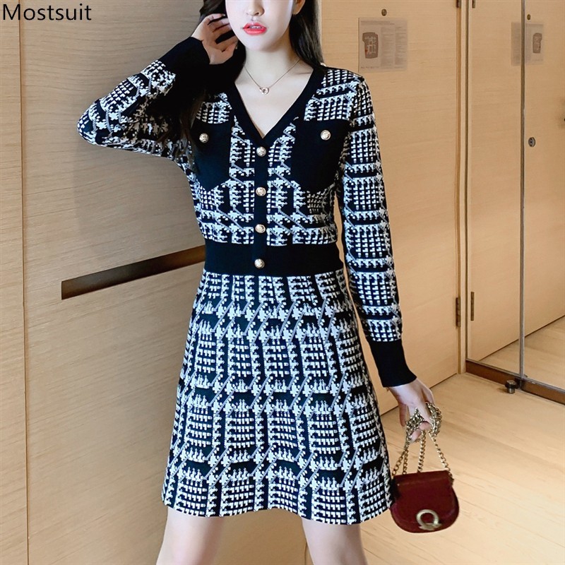 

Autumn Women Houndstooth Knitted Dress Vintage Long Sleeve V-neck Tunic Mini A-line Dresses Korean Vestido De Festa 210518, As pictures
