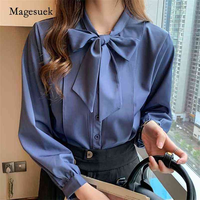 

Style Top Blue Lantern Long Sleeve Women' Blouse Blusa Bow Tie Lady' Shirt Autumn Single-breasted Chiffon 10693 210518, White