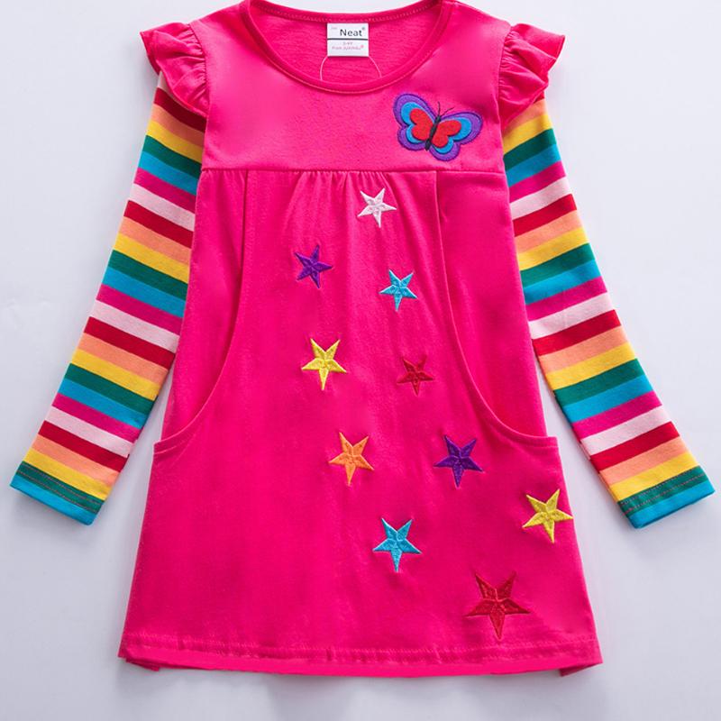 

Girl's Dresses Winter Clothing Girls Long Sleeve Dress Children's Rainbow Color Butterfly Pattern, For Babies 2-8 Years Fashion, 01 pink