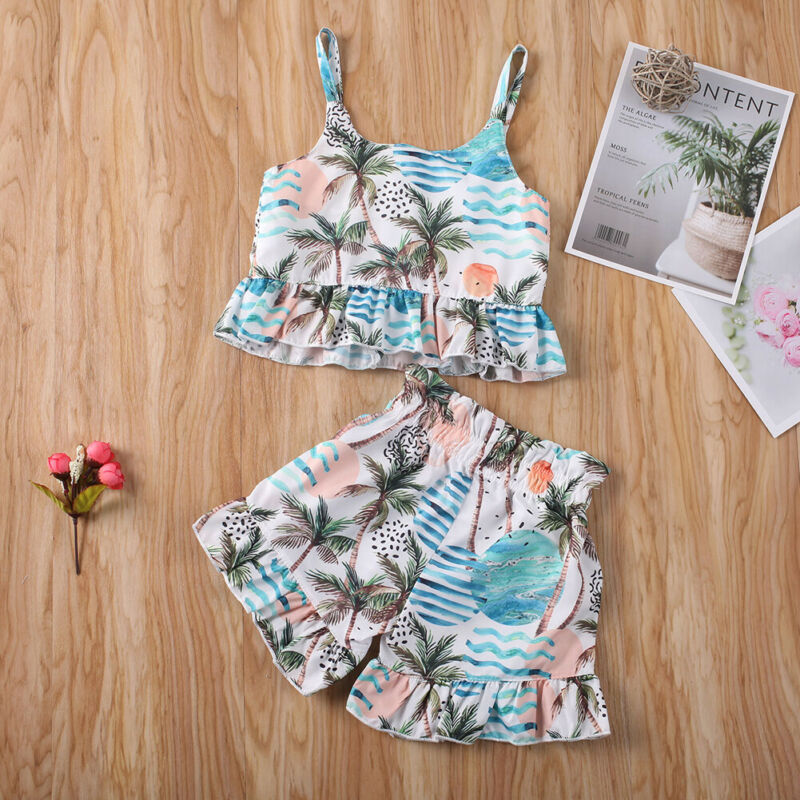 

2PCS Toddler Kids Baby Girl Summer Clots Sets Flowers Print Sleeveless T-shirt Tops+Shorts Pants Outfits Set 0-5Y, Default color