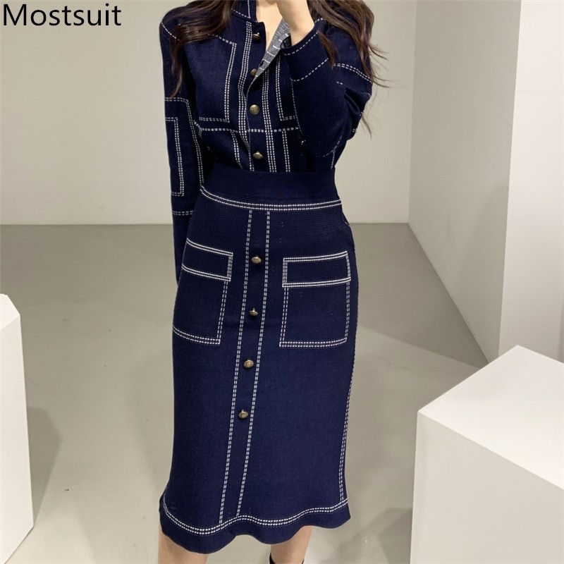 

Korean Ol Style Knitted Two Piece Skirt Sets Outfits Women Autumn Single-breasted Tops + Pencil Elegant Ladies Suits 210518, Grey