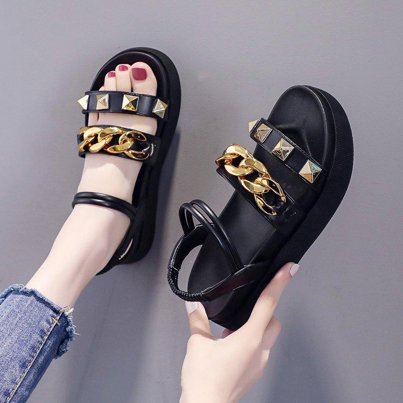 

Sandals Summer Shoes Woman Fashion Rivet Solid Buckle Peep Toe Flat-Bottomed Muffin And Platform, Black