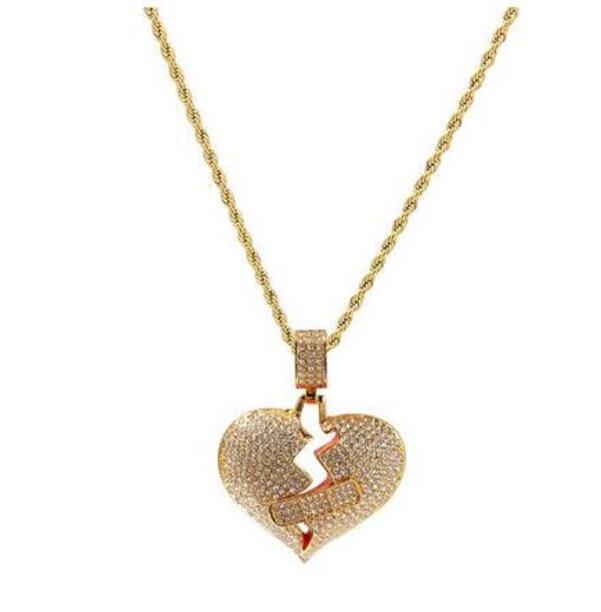 

2021 Mens Pendant Necklace Iced Out Heart Pendant Necklace Fashion Broken Heart Bandage Necklace Hip Hop Jewelry, Golden;silver