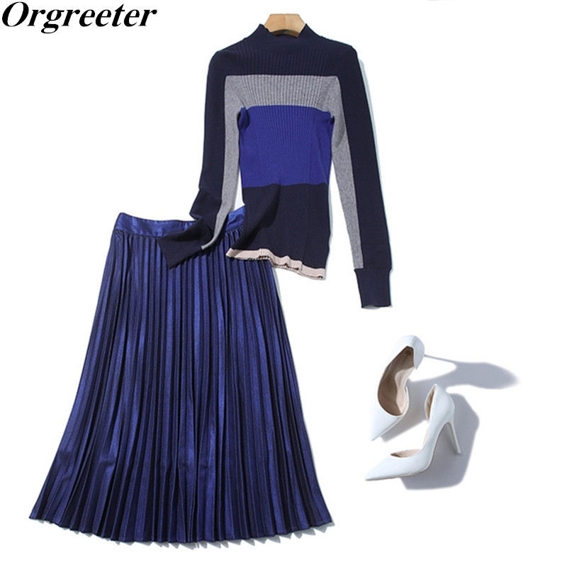 

High Quality Spring Fashion Slim-Fit Hit color Striped Knitted Sweater & Solid blue Pleated Skirt 2 Pieces Set Women Autumn 210525
