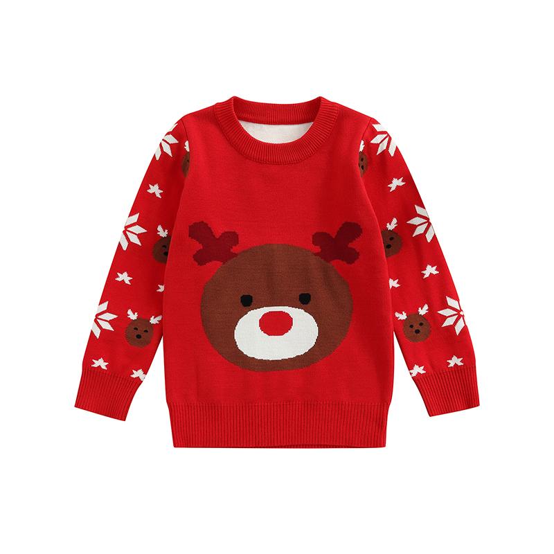 

Pullover Christmas Toddlers Casual Sweater, Little Girls Boys Cartoon Antler Bear Jacquard Long Sleeve Round Collar Knitwear, Green