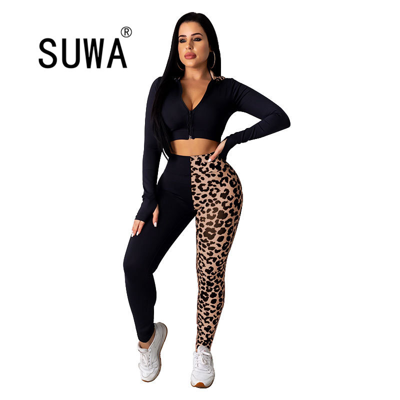 

Sporty Leopard Patchwork Women Clothing Set Hooded Tops Stacked Joggers Pants Sweat Suit Tracksuit Two Piece Fitness Outfit 210525, Fuchsia