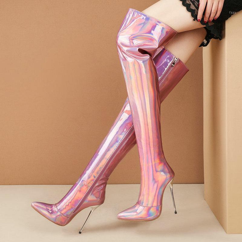 

Boots 2021 Women Over The Knee Microfiber Sexy Thin High Heel Side Zipper Pointed Toe Ladies Thigh Purple Pink, Gold