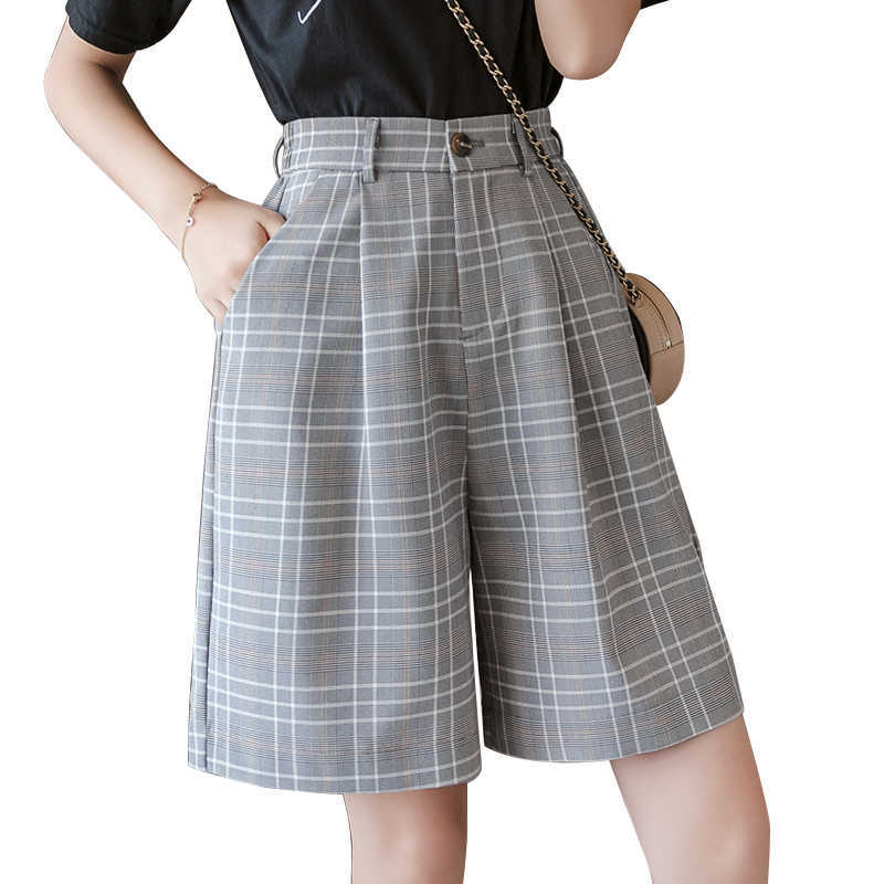 

S-3XL Sashes Booty Shorts High Waist Summer Vintage Plaid Wide Leg Suits Short Women Elegant All Match Straight Belt Shorts Girl 210611, Beige