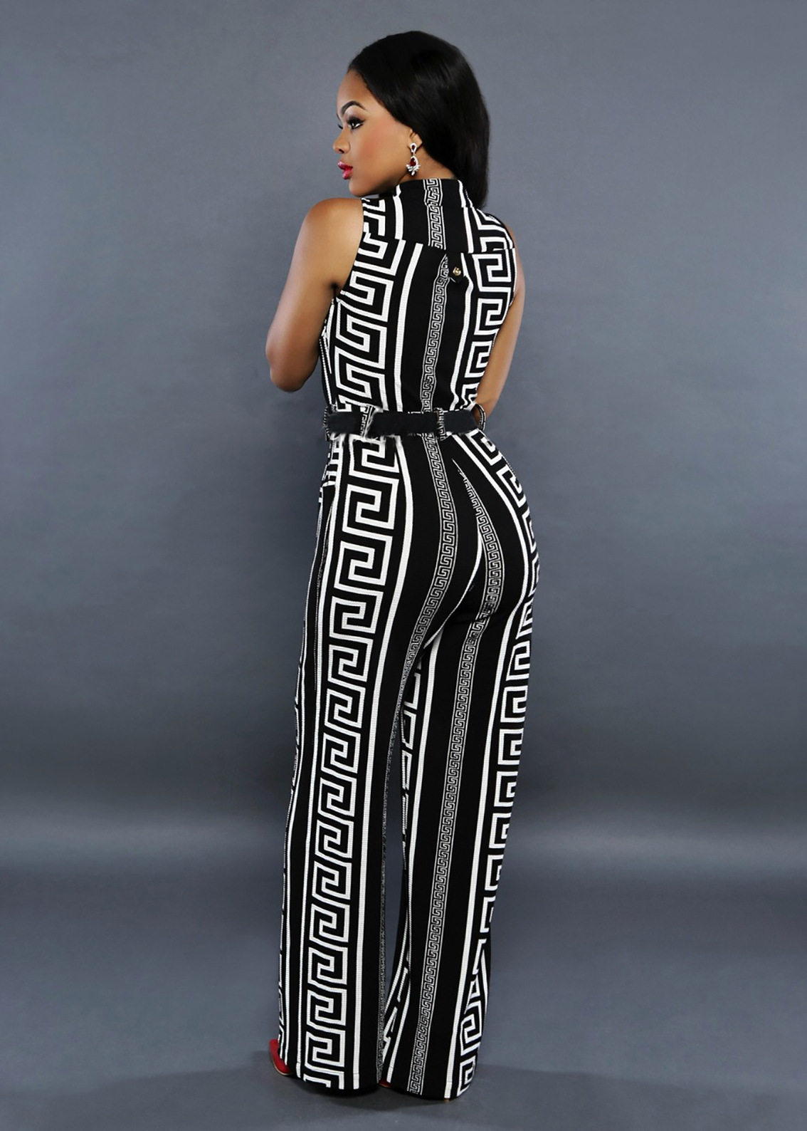 

2021women v-neck geometric print sleeveless jumpsuit long pants 2021 summer female elegant rompers playsuit overalls for women xxl, Black;white