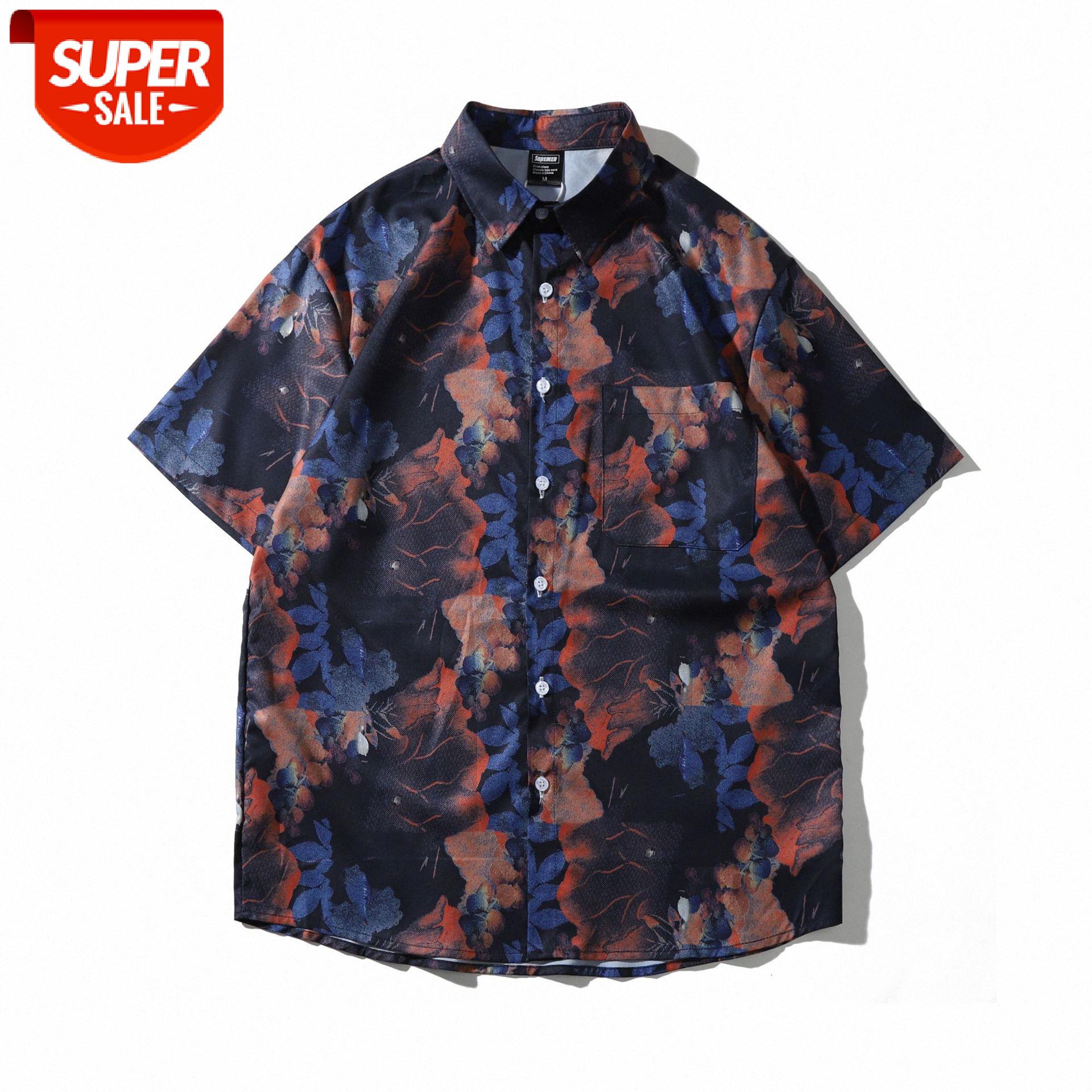 

Japanese retro flower shirt male oversize gang style half-sleeved couple short jacket #tj4H, White;black