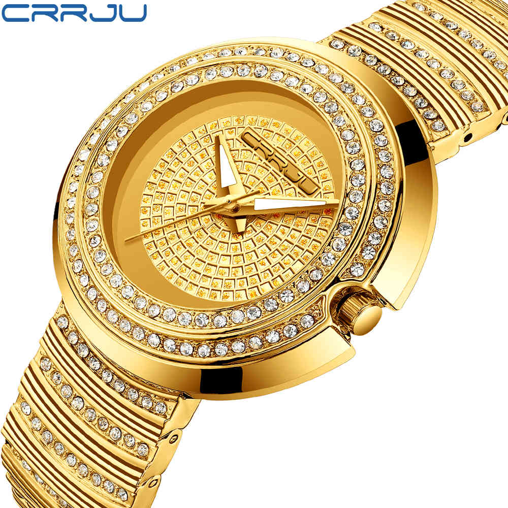 

Women Quartz Watch CRRJU Fashion Bling Casual Ladies Luxury Female Waterproof Gold WristWatch Crystal Diamond For Women Clock 210517, Golden
