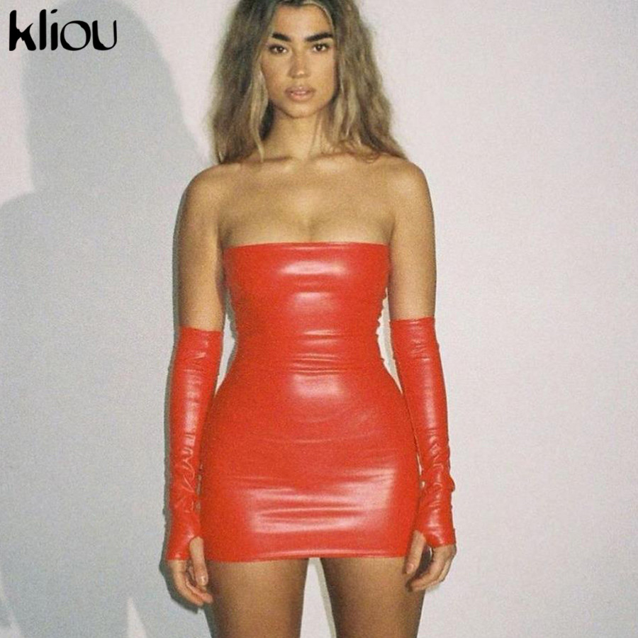 

2021Kliou Faux PU Leather With Gloves Party Dress Women Backless Sexy Hot Clubwear Skinny Slim Solid Fashion Bodycon Mini Dresses, Black