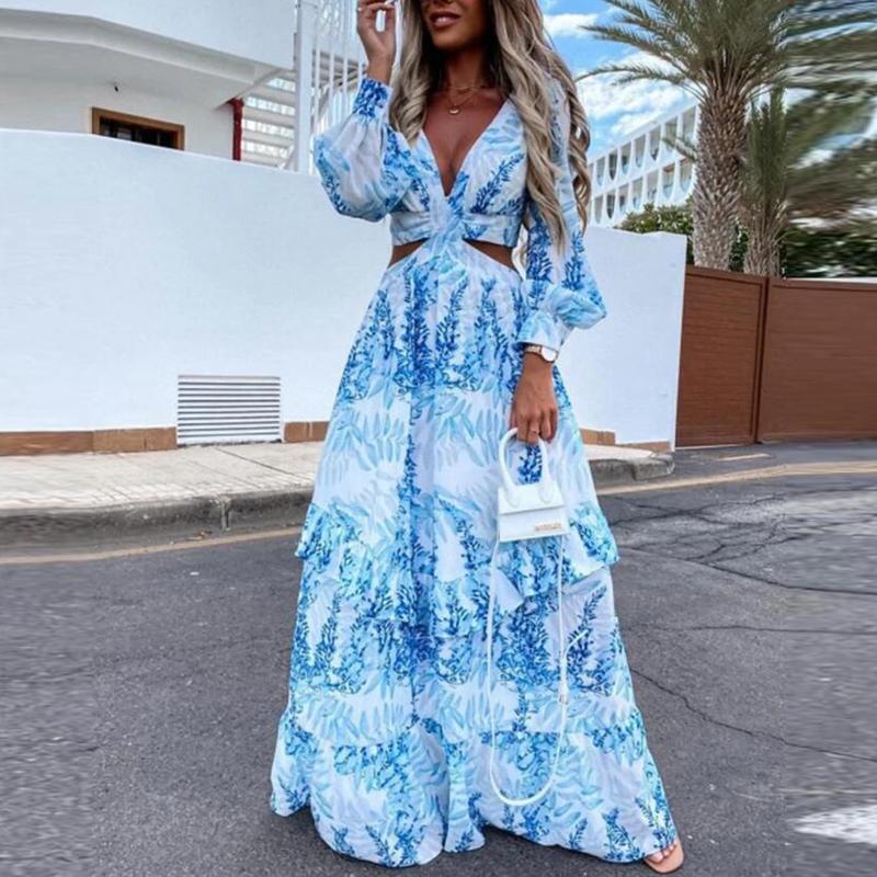 

Casual Dresses Women Sexy Deep V-Neck Hollow Out Party Dress Ladies Elegant Tie-Dye Ruffle Maxi Fashion Long Sleeve Loose
