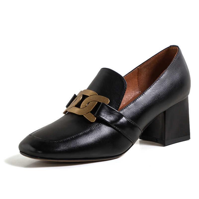 

Meotina Square Toe Pumps Genuine Leather High Heels Thick Heel Women Shoes Fashion Metal Decoration Female Footwear 43 210608, Beige cow leather