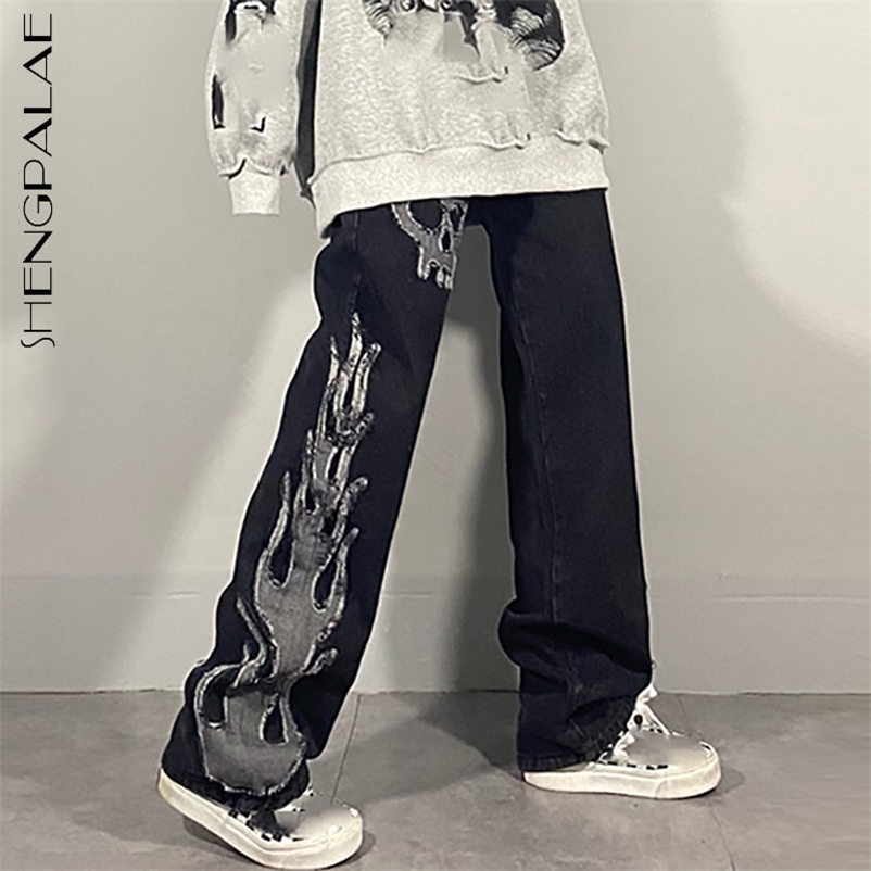 

SHENGPALAE Dark streetwear Wash Jean's Spring High Waist Trendy Straight Tube Wide Leg Skeleton Denim Pants 210629, Black