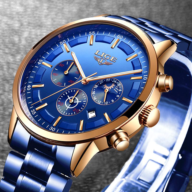 

Wristwatches Mens Watches LIGE Top Business Date Watch For Men Waterproof Sports Wrist Blue Quartz Clock Relogio Masculino, Black rose m
