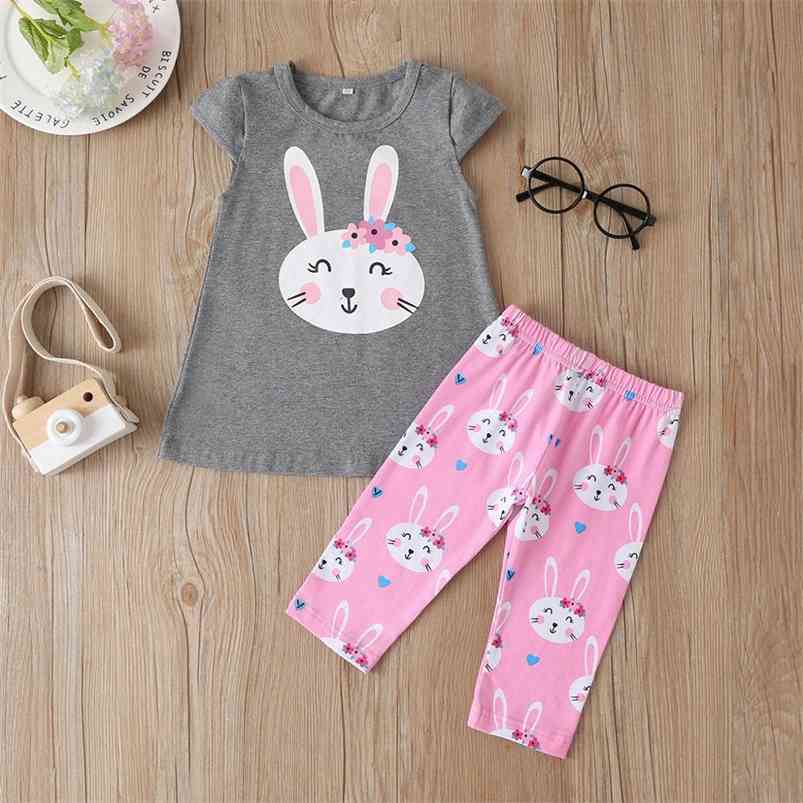 

Summer Infant Rompers Baby Clothes Short Sleeve Print Rabbit T-shirt Pink Pants Girls Costume 210629, Gray