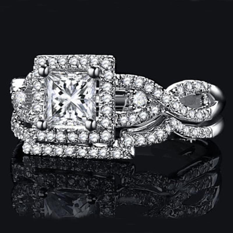 

Wedding Rings Sliver Engagement Set 2Pcs Bridal Elegant For Women Fashion Crystal Jewelry With Full Shiny Zircon Ring, Slivery;golden