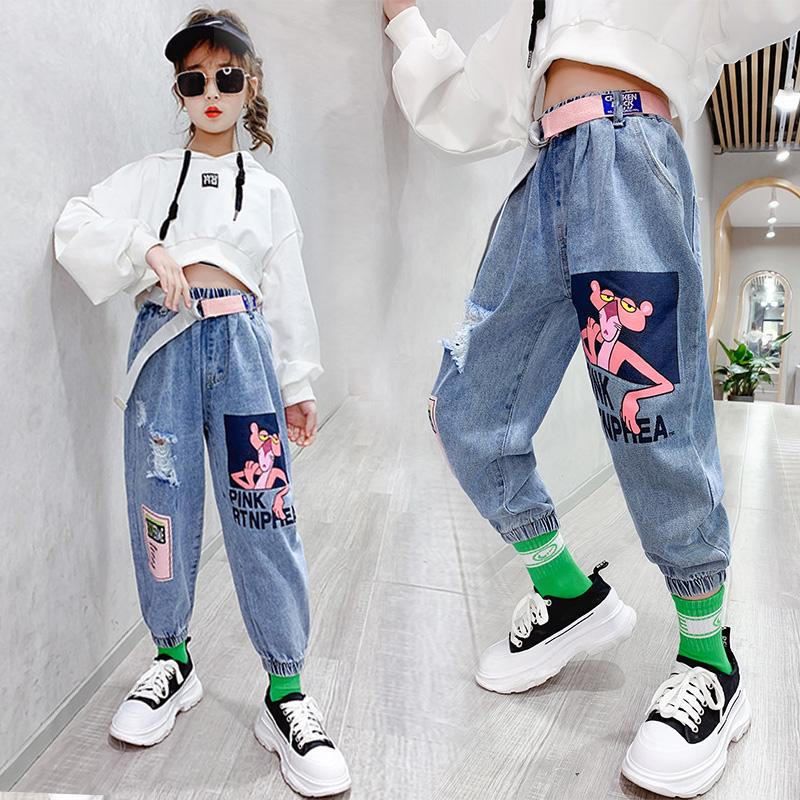 

Jeans Children's Clothing For Girls Broken Cowboy Pants Girl Cartoon Print Trouser 5 6 7 8 9 10 Years Old Kids Bottoms, Blue