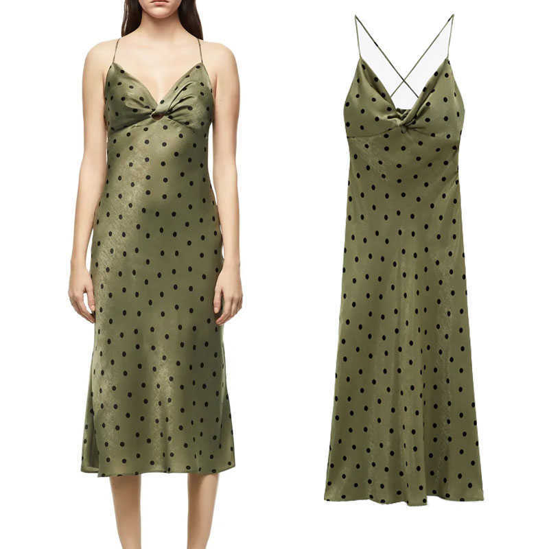 

Summer Za Green Polka Dot Midi Dres Sexy Backless Party Dresses Woman Elegant Slip Cross Strap Knot Female Camisole 210608
