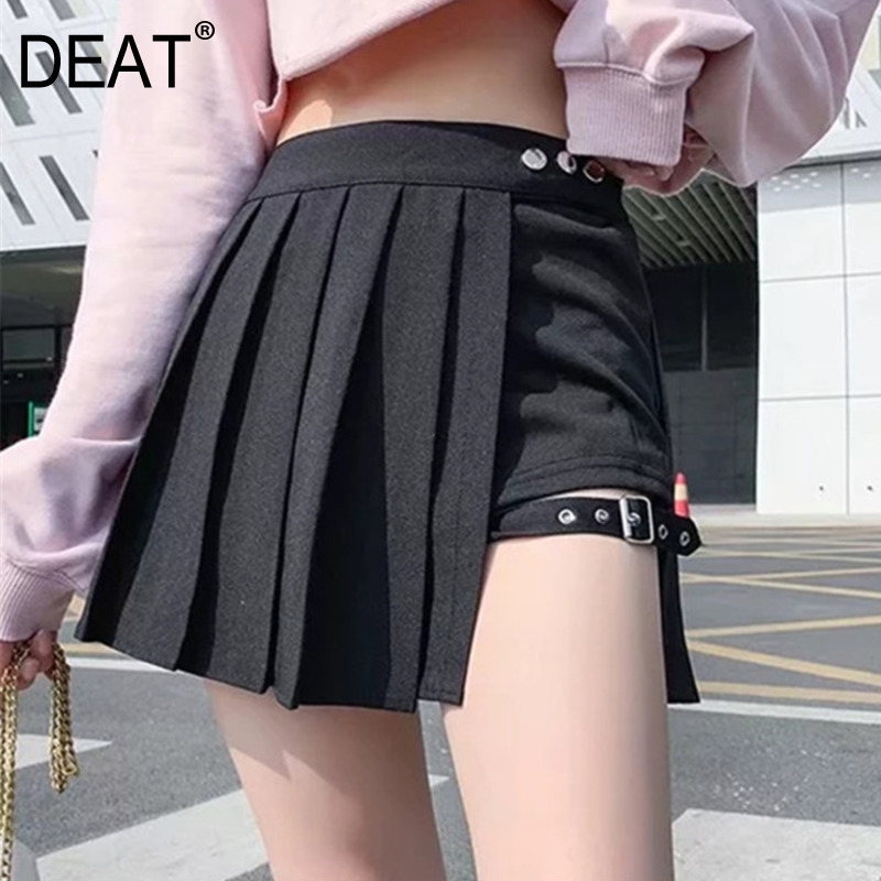 

Autumn High Waist Buttons Short Mini Pleated Skirt Women MH233 210525, Black