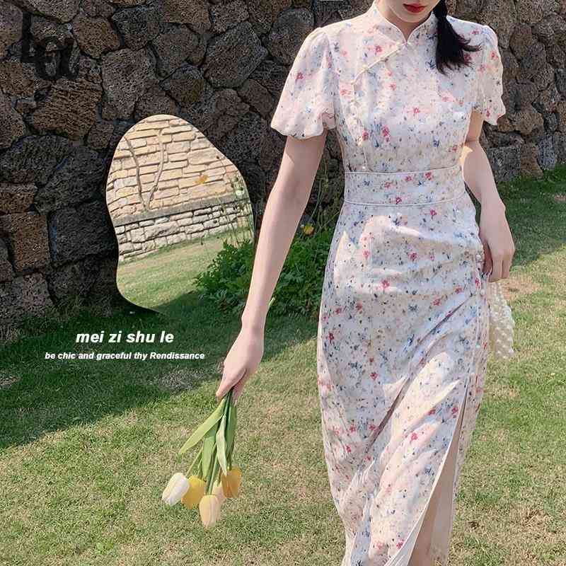 

Elegant Print Floral Dress Women Sexy Vintage Sweet Puff Sleeve Casual Party Split Qipao Summer Cheongsam 210519, Short