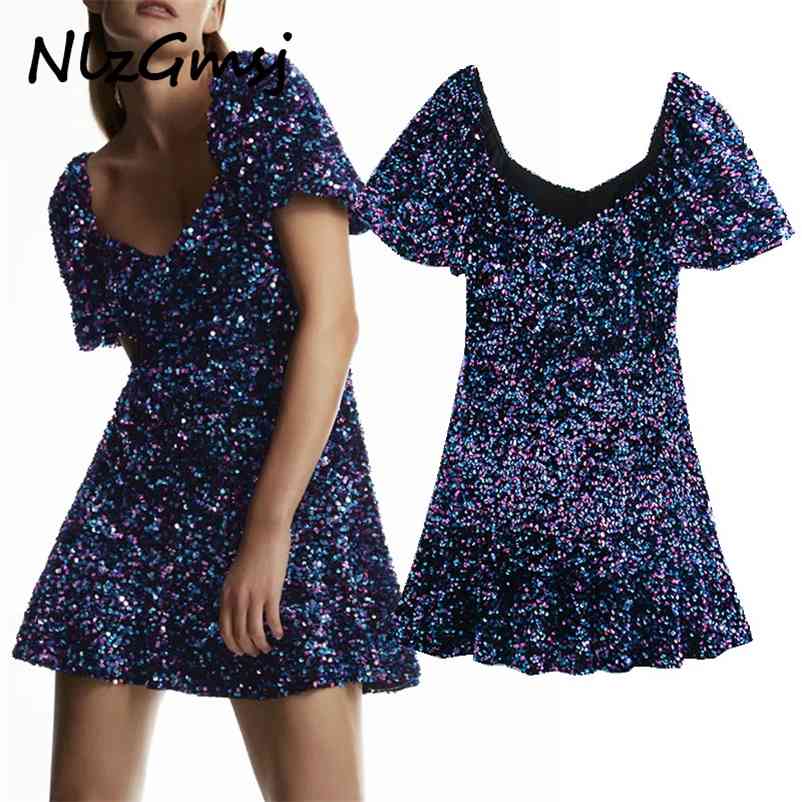

Dres Blue Sequin Mini Vintage Sparkly Glitter Short Sleeve Party es Ladies Sexy 210628, As picture