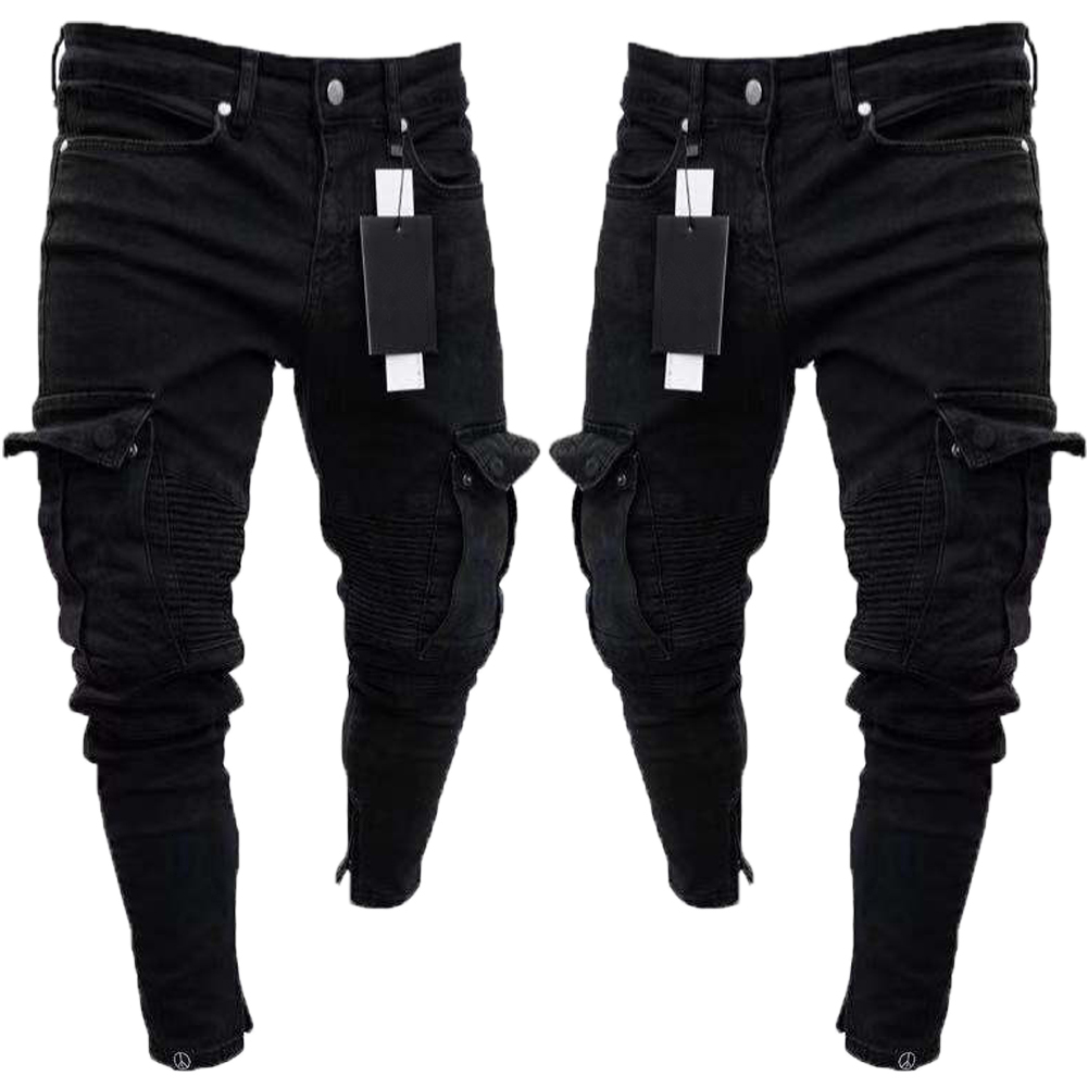 

Men Ny Ripped Jeans Multi-pocket Foot Mouths Zipper Jogging Casual Potlead Long Mens Fashion Stretch Ploided Cargo Broek, Wu