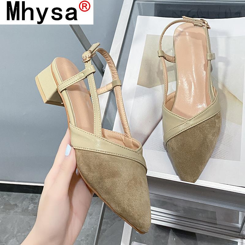

Sandals Women Mid Heels 2021 Summer Ladies Elegant Mules Slippers Pointed Toe Khaki Flock Fashion Buckle Strap, Black
