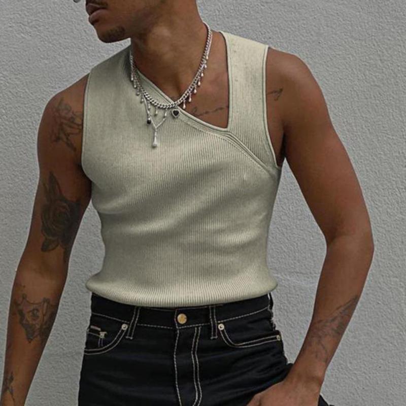 

Men's Tank Tops Men Tank- Slash Neck Knitted Vest Solid Color Stylish Sleeveless Slim- Fit Summer Fashion Casual Loose Streetwear, White
