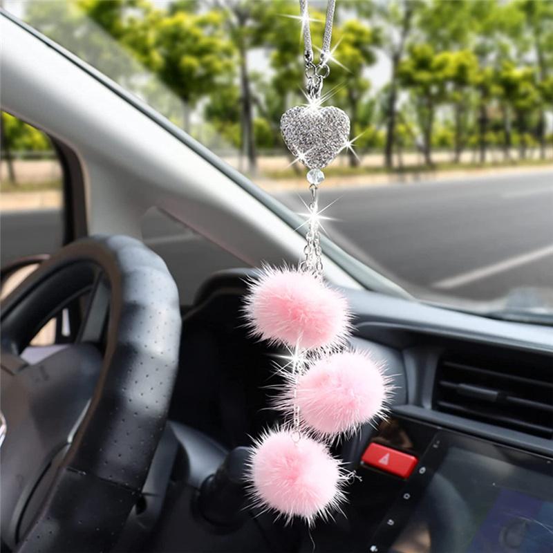 

Interior Decorations 1Pc Rhinestone Car Rearview Mirror Hair Ball Pendant Diamond Love Decoration Accessories Hanging Ornaments