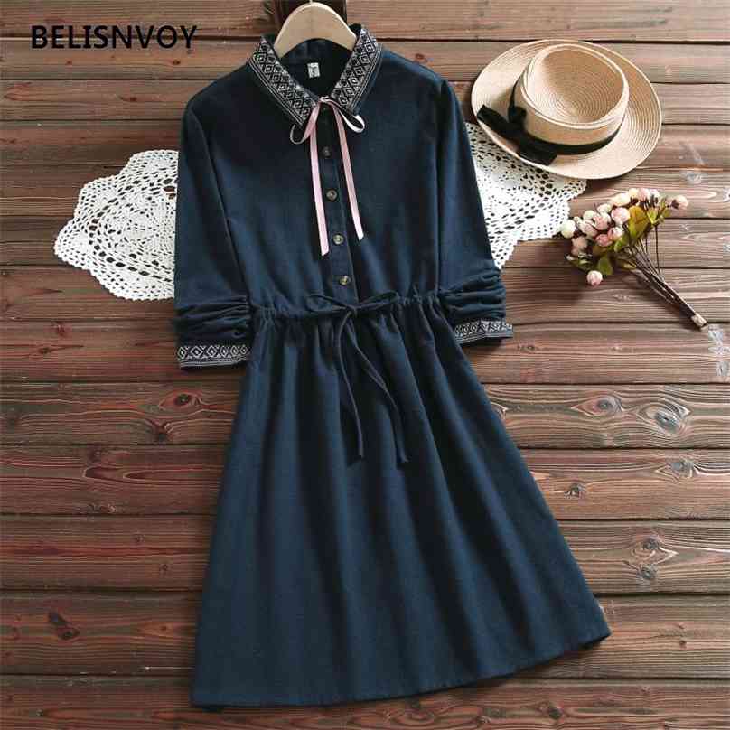 

Mori Girl Spring Autumn Women Dress Turn-Down Collar Ribbon Lace Up Vestidos Embroidery De Festa Vintage 210520, Diy