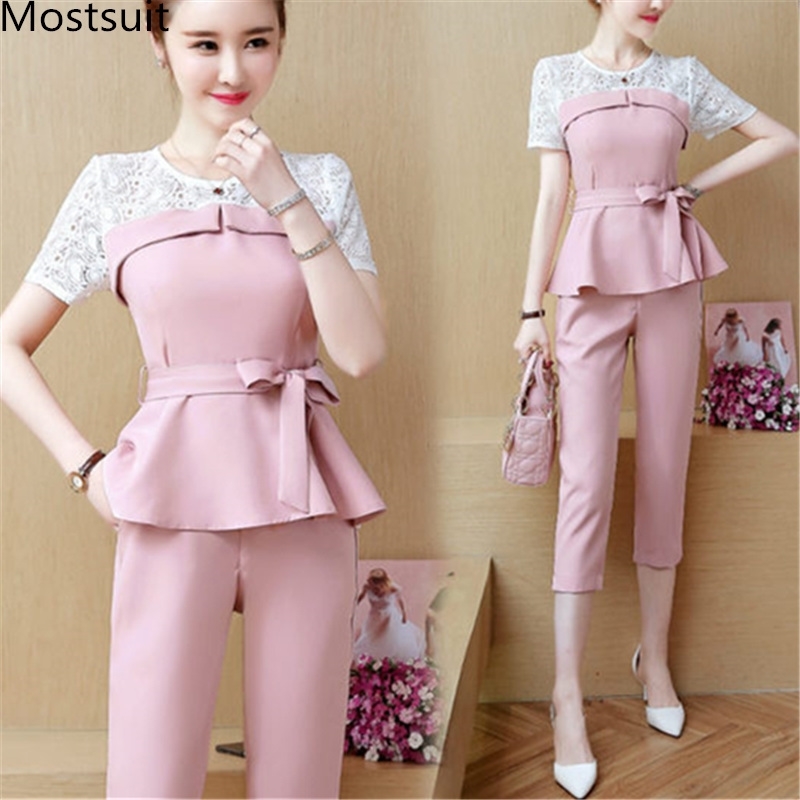 

Summer Two Piece Sets Women Short Sleeve Lace Patchwork Tops With Belt And Cropped Pants Suits Elegant Office Korean Women's Set 210518, Blue