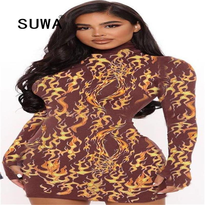 

Fashion Printed Long Sleeve Sexy Dress Geometric Ladies Nightclub Party Streetwear Casual Women Mini Drop 210525, Black