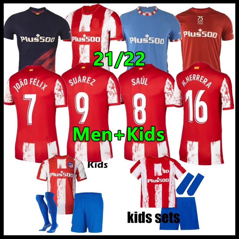 

Atletico soccer jerseys 21 22 JOÃO FÉLIX MADRID 2021 2022 M. LLORENTE KOKE SAUL SUAREZ Correa Carrasco camiseta football shirts uniforms men + kids kit sets LEMAR DEMBELE, Red