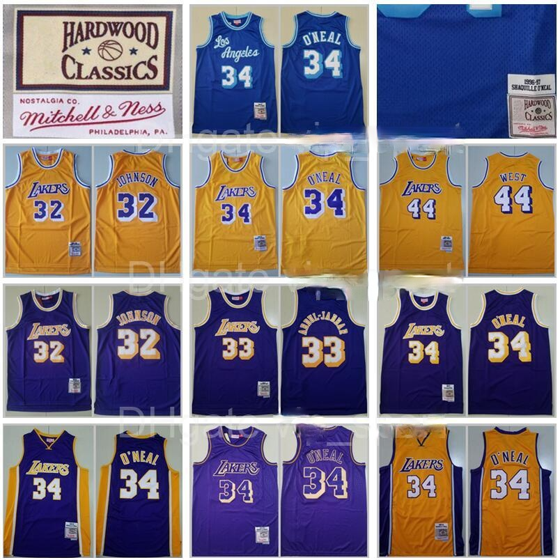 

1996 Mitchell and Ness33 Kareem Abdul Jabbar Jersey 32 Johnson 34 Shaquille ONeal O Neal 44 Jerry West Yellow Purple Blue Throwback Vintage, Black;red