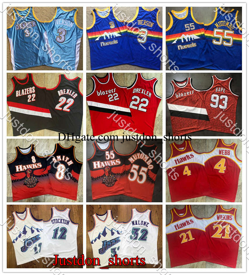 

Youth Retro Iverson Lebron Durant Doncic Williams Carter Curry Morant Mutombo Drexler Embroidery Mitchell & Ness Basketball Jerseys Shirts, Black;red