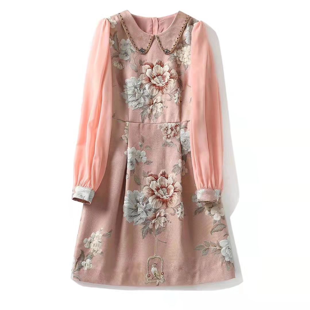 

European and American women' clothing winter 2022 new Long sleeve beaded baby collar Fashionable floral jacquard print dress, Pink